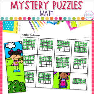 Subitizing and Counting Math Center with Math Mystery Pictures Puzzles for kindergarten students practicing number sense, counting, and subitizing skills.