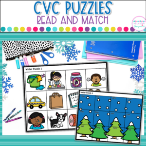Winter CVC Words Picture Puzzles for kindergarten students practicing decoding, phonics, short vowel words, and reading comprehension in winter literacy centers.