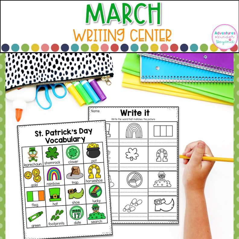 March Writing Center for kindergarten featuring spring sentence writing, vocabulary development, handwriting practice, and literacy center activities.