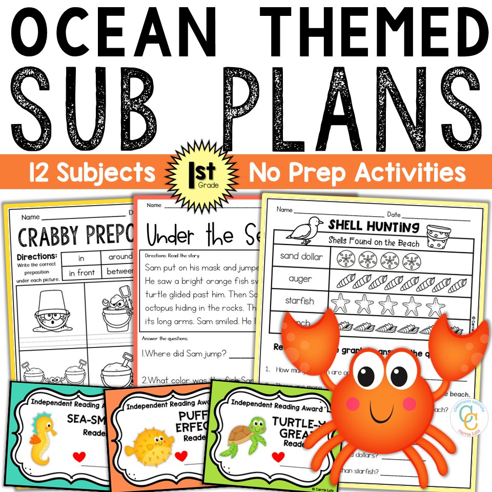 1st Grade Ocean Themed Sub Plans No Prep Activities